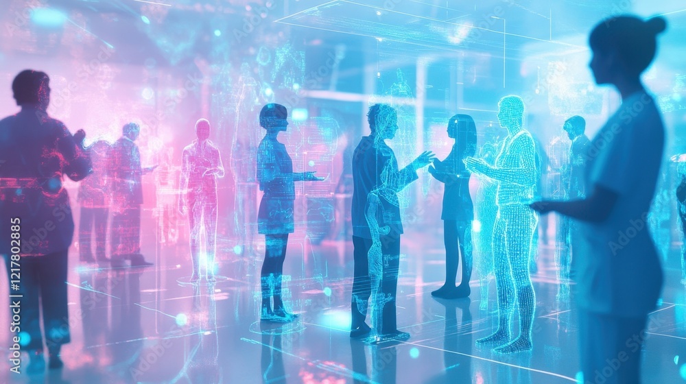 Doctors and business people are having a meeting using futuristic, transparent human body holograms with graphs and data in a bright, high tech office Doctors and business people are having a meeting using futuristic, transparent human body holograms with graphs and data in a bright, high tech office