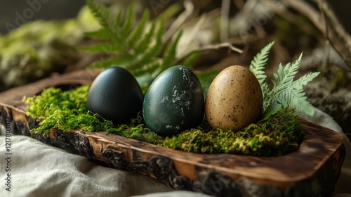 Elegant Easter composition with artisanal decorated eggs and fresh spring flowers on a trendy dark background. Perfect for social media marketing and business. photo