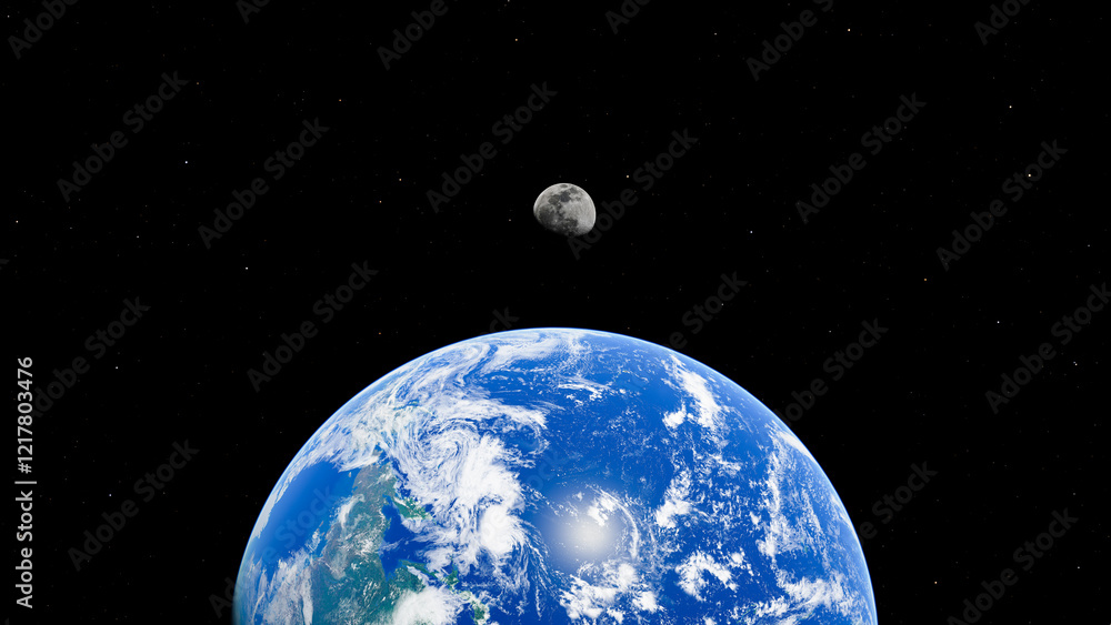 Naklejka premium Stunning view of earth and moon in space with starry background