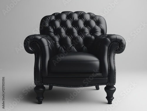 A classic black leather armchair with tufted design and decorative nails.
