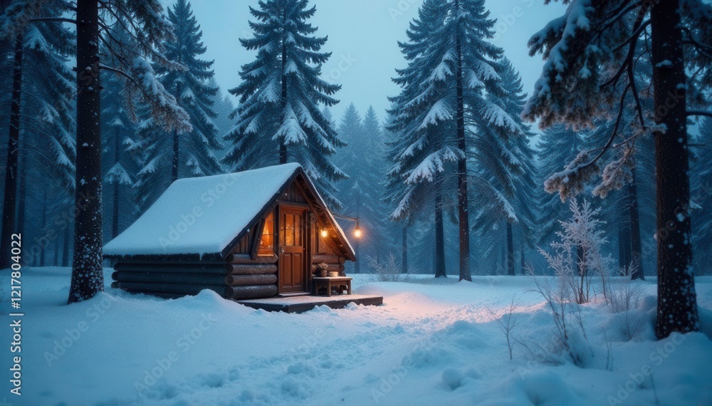 Frosty atmosphere in the winter forest near a wooden tent, dark, frost Frosty atmosphere in the winter forest near a wooden tent, dark, frost
