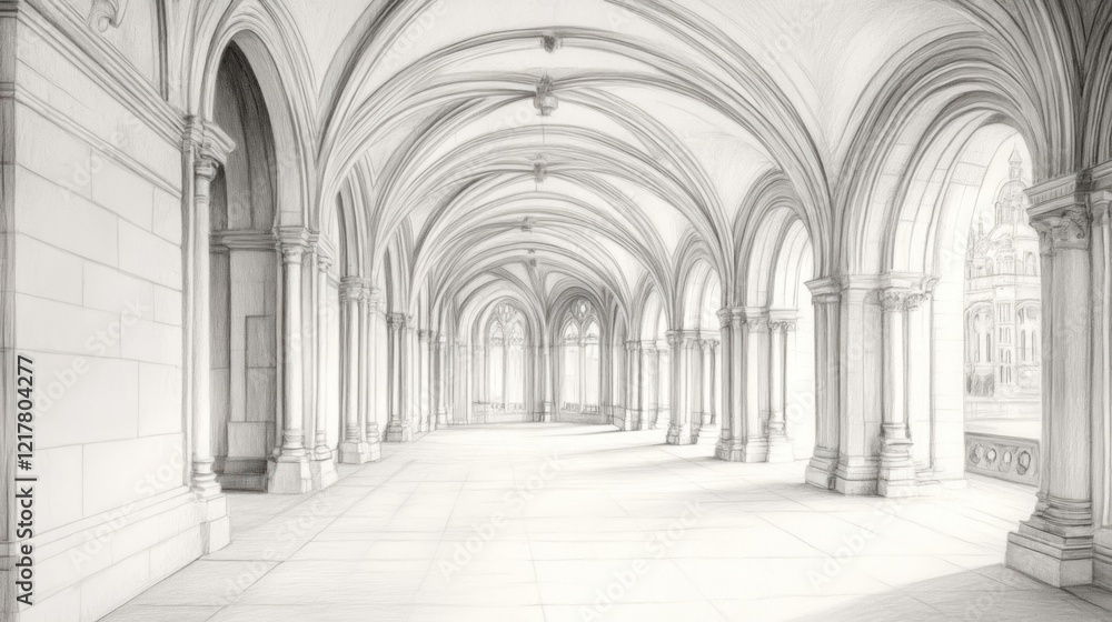 Fototapeta premium A detailed architectural illustration of a grand arched corridor with intricate designs.