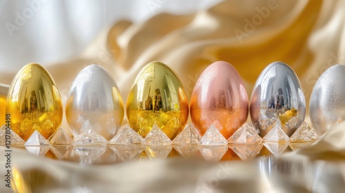 Elegant Easter composition with artisanal decorated eggs and fresh spring flowers on a trendy background. Perfect for social media marketing and business. photo