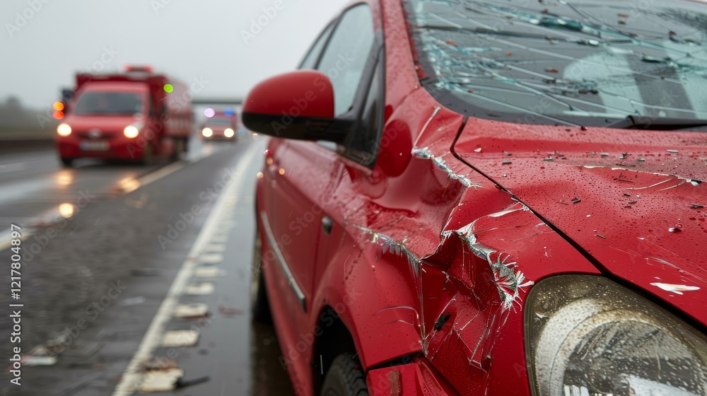 Fototapeta premium Red car damaged after collision with emergency personnel present at roadside recovery scene