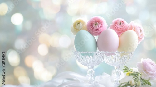 Elegant Easter composition with artisanal decorated eggs and fresh spring flowers on a trendy background. Perfect for social media marketing and business. photo