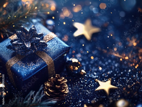 Festive Christmas Gift Box with Glittering Snowflakes and Sparkling Stars Background