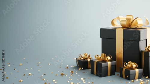 A collection of black gift boxes adorned with shimmering gold ribbons is beautifully arranged. The elegant presentation creates an inviting atmosphere, perfect for celebrations and special moments.