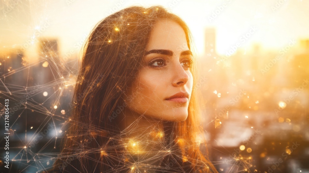 A woman gazes thoughtfully into the distance, illuminated by a glowing sunset. A woman gazes thoughtfully into the distance, illuminated by a glowing sunset.
