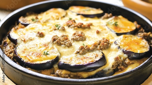 Dish of Greek moussaka with layers of eggplant ground meat and creamy bchamel sauce photo