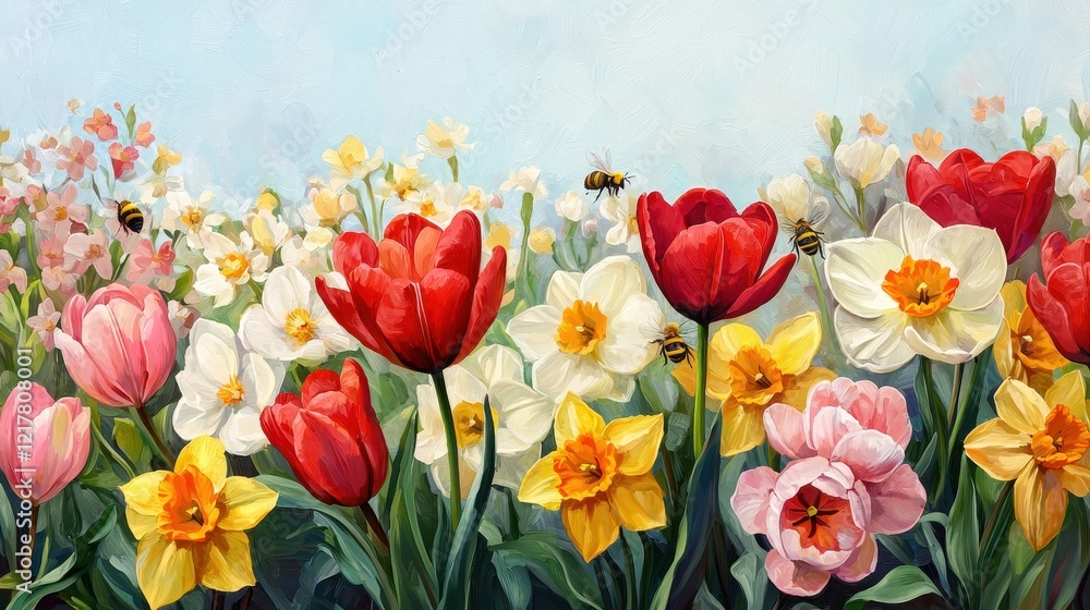 A vibrant field of blooming tulips and daffodils, with bees buzzing among the colorful flowers under a clear sky. A vibrant field of blooming tulips and daffodils, with bees buzzing among the colorful flowers under a clear sky.