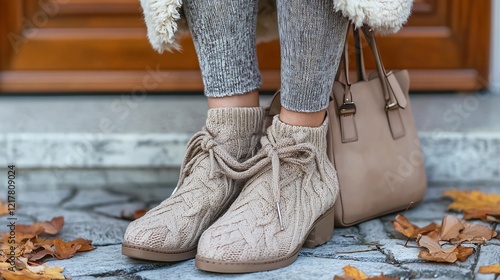 Close up of stylish women,s knit boots and a handbag with fallen leaves on the ground photo