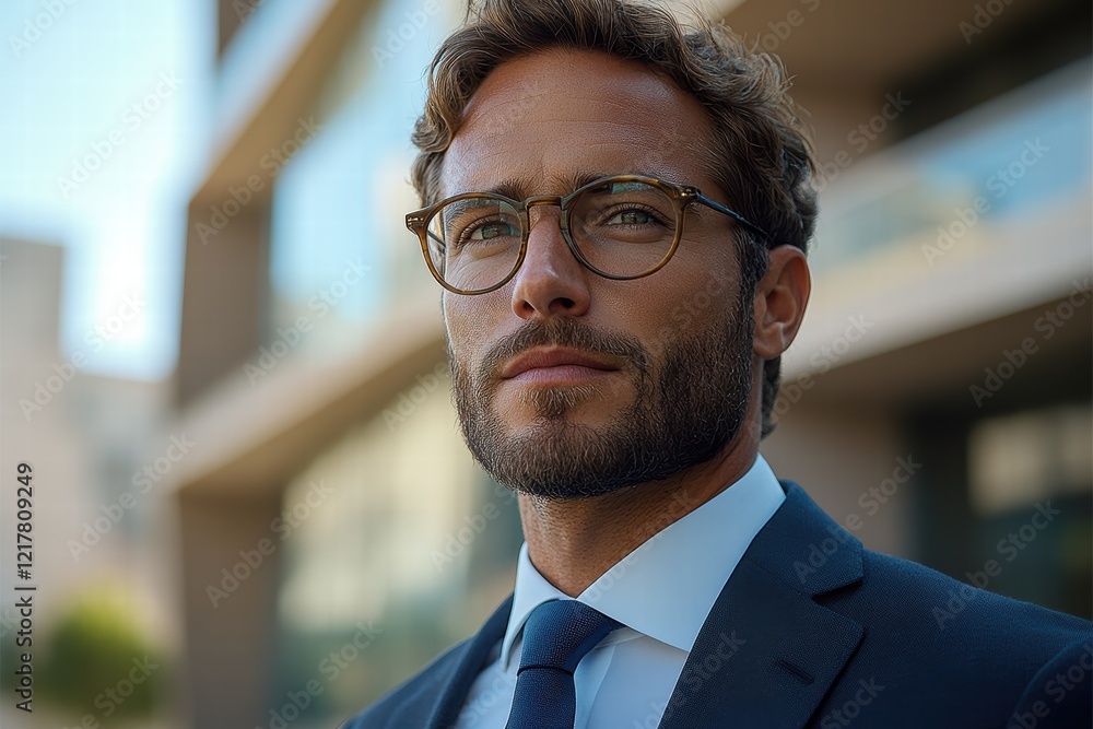 Fototapeta premium Businessman in a suit stands confidently outside a modern building during the day