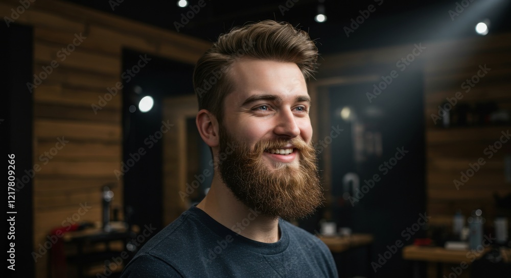 A young man with a perfectly styled beard exudes confidence while smiling in a modern barber shop. A young man with a perfectly styled beard exudes confidence while smiling in a modern barber shop.