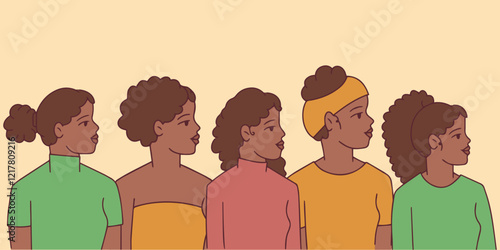 black history month. A lineup of diverse Black women standing side by side, celebrating empowerment and individuality. Ideal for representing inclusivity and community