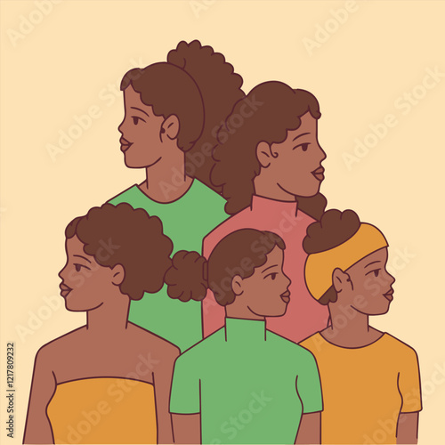 A group of young Black women standing together in profile, showcasing unity and strength. Celebrates diversity and empowerment during Black History Month.