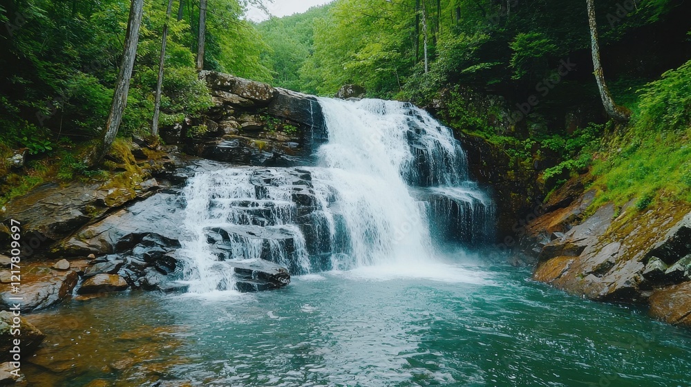A serene waterfall cascades into a tranquil pool, surrounded by lush green trees, creating a picturesque natural oasis. A serene waterfall cascades into a tranquil pool, surrounded by lush green trees, creating a picturesque natural oasis.