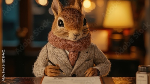 A dapper squirrel in a suit writes at a desk, showcasing a whimsical blend of animal charm and human traits in a cozy setting. photo