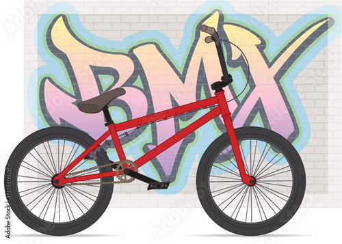 bmx motocross extreme sport red bike with the letters BMX sprayed graffiti on the wall background
