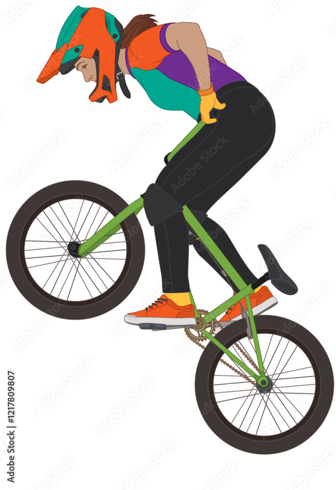 Fototapeta premium bmx motocross extreme sport, freestyle female cyclist in mid air isolated on a white background