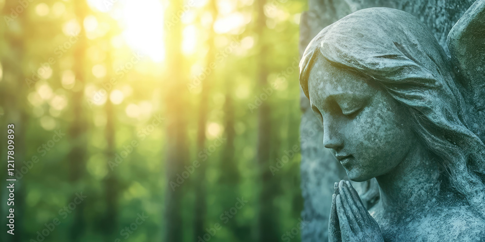 Obraz premium Praying spiritual angel figurine in scenic forest landscape background. Faith in God, Christianity church, pray, lent, religion concept. All saints day.