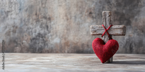 Wooden orthodox cross and cute heart. The concept of spiritualistic love, the love of god. Faith in the heart.