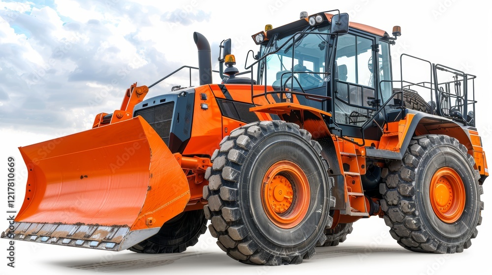 Heavy duty orange bulldozer with large wheels and front loader at construction site under clouds Heavy duty orange bulldozer with large wheels and front loader at construction site under clouds
