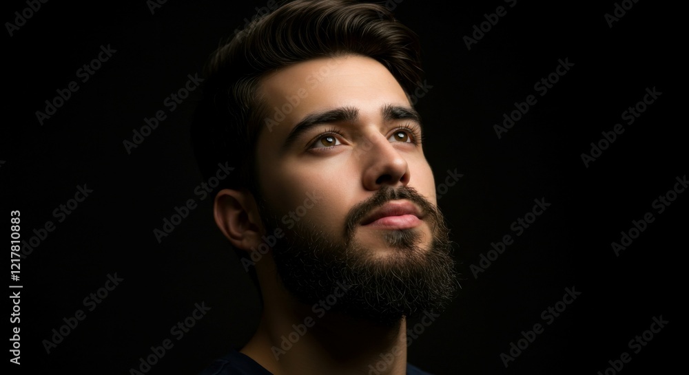 A poised man with a fashionable beard gazes thoughtfully upward, framed by a deep, shadowed background.
A poised man with a fashionable beard gazes thoughtfully upward, framed by a deep, shadowed background.