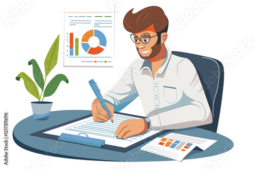 Businessman meticulously writing financial data and sales reports on clipboard, showcasing a growing business graph.