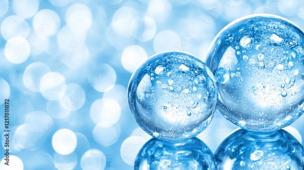 Two transparent spheres with air bubbles on a blue bokeh background. Two transparent spheres with air bubbles on a blue bokeh background.