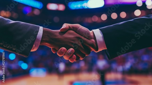 Business partners greet each other with a handshake on a basketball court, representing teamwork and deals in the sports industry