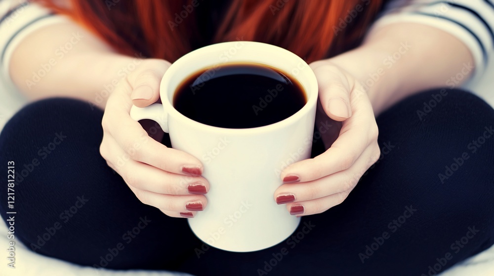 Woman's hands holding a large mug of black coffee. Woman's hands holding a large mug of black coffee.