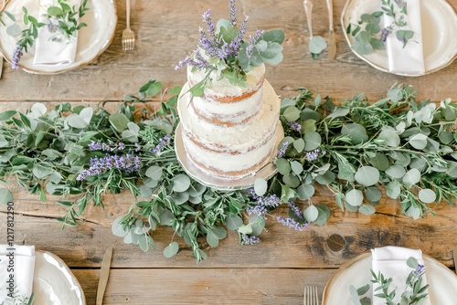 Elegant number-shaped cake on a wood table adorned with lavender and eucalyptus sprigs photo