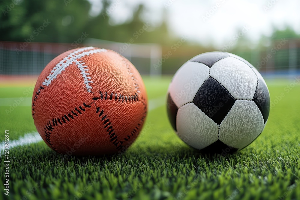 Graphic layouts for advertising featuring soccer and basketball elements on green field Graphic layouts for advertising featuring soccer and basketball elements on green field