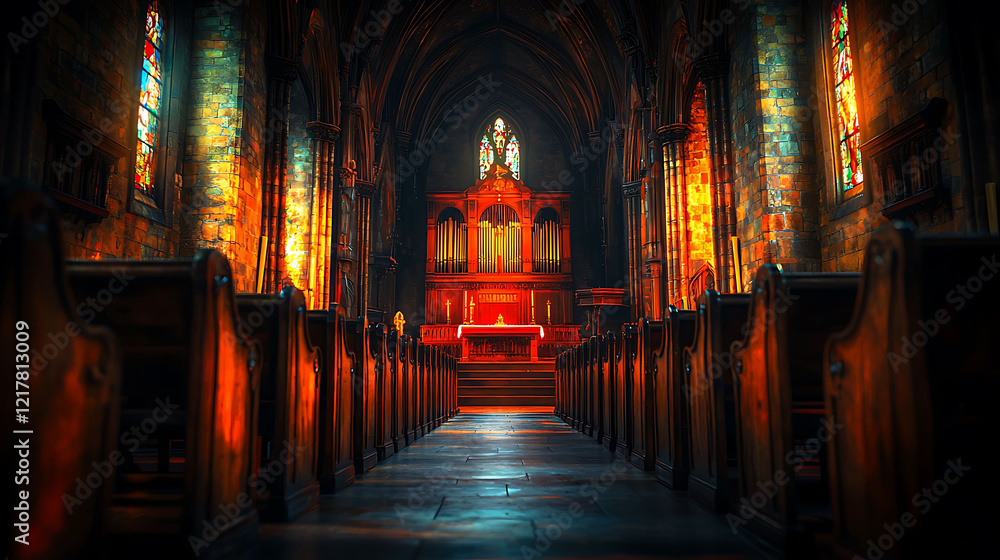 Fototapeta premium Dramatic interior shot of a church, showcasing stainedglass windows and wooden pews bathed in warm, golden light. Perfect for concepts of faith, spirituality, peace, or historical architecture.