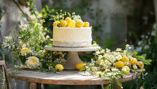 Lemon poppy seed cake on a round table adorned with fresh spring flowers and greenery
