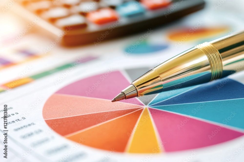 Fototapeta premium A close-up of a pen marking a pie chart on printed financial documents with a calculator in the background