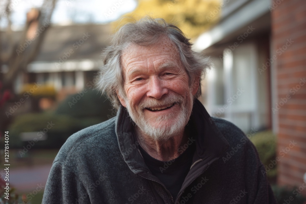 Portrait of a elderly Caucasian man smiling in front of nursing home Portrait of a elderly Caucasian man smiling in front of nursing home