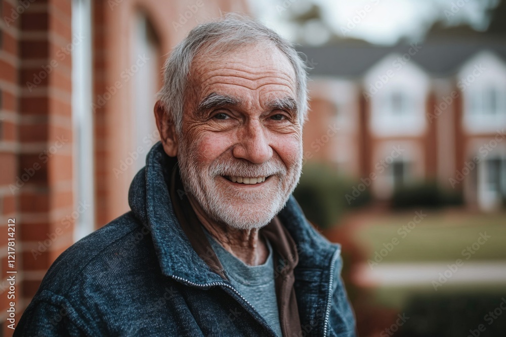 Portrait of a elderly Caucasian man smiling in front of nursing home Portrait of a elderly Caucasian man smiling in front of nursing home