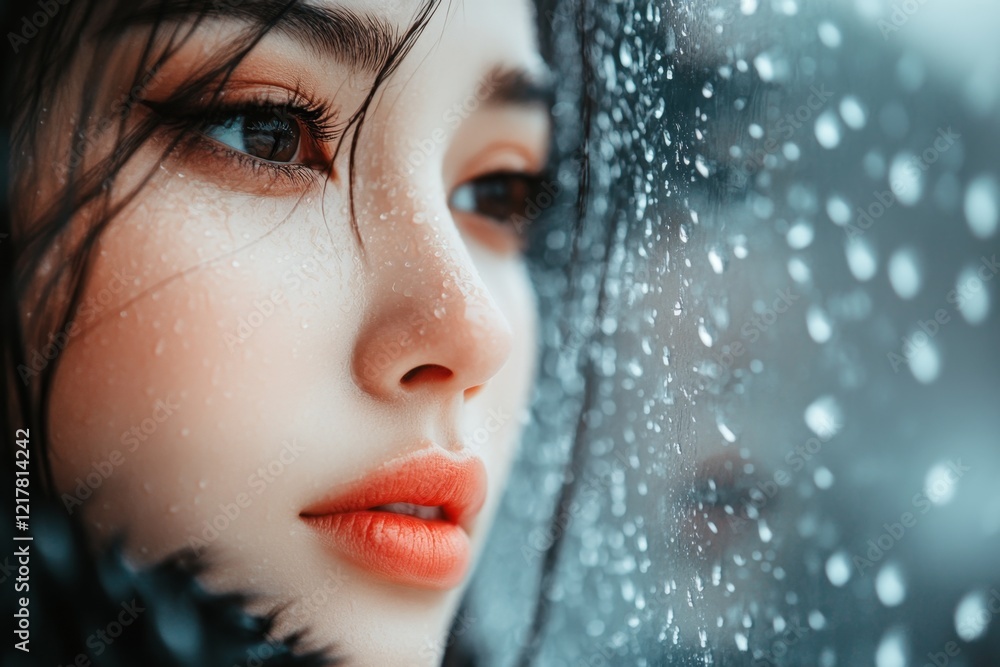 A close-up of a woman gazing out of a rain-covered window, her reflection blending with the streaks of water A close-up of a woman gazing out of a rain-covered window, her reflection blending with the streaks of water