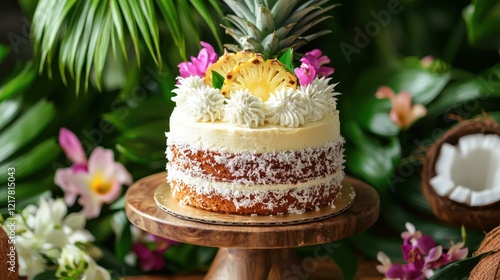 Wallpaper Mural Pineapple coconut cake on a wooden table surrounded by tropical flowers and palm leaves Torontodigital.ca