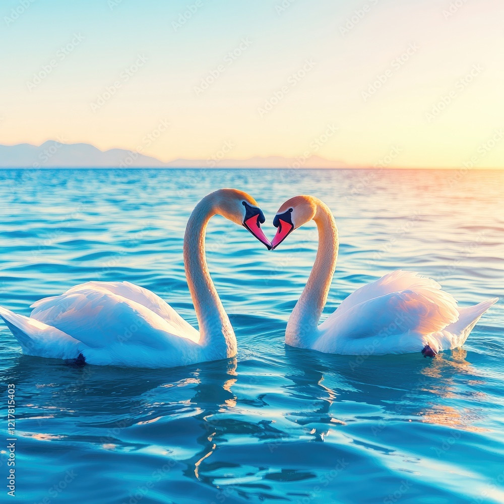 Fototapeta premium Two swans form a heart shape with their necks in tranquil waters at sunset.