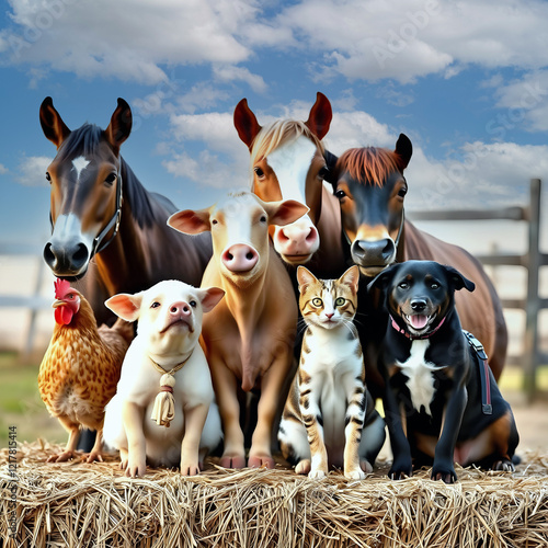 Farm animals on hay bales