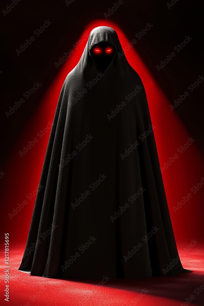 A dark figure cloaked in black with glowing red eyes, set against a dramatic red background, exuding an eerie atmosphere. A dark figure cloaked in black with glowing red eyes, set against a dramatic red background, exuding an eerie atmosphere.