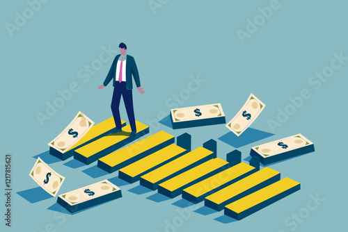 Businessman Preventing Domino Effect in Business with Banknote, Symbolizing Strategic Intervention and Success