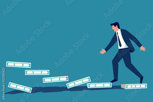 Businessman Preventing Domino Effect in Business with Banknote, Symbolizing Strategic Intervention and Success