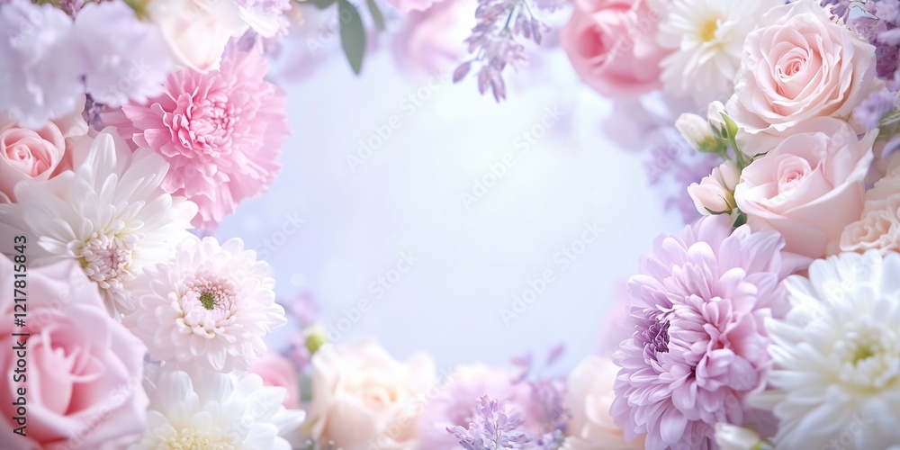 Obraz premium A flower arrangement with a pink and white background. The flowers are arranged in a circle and include roses, daisies, and other flowers. Scene is one of beauty and elegance