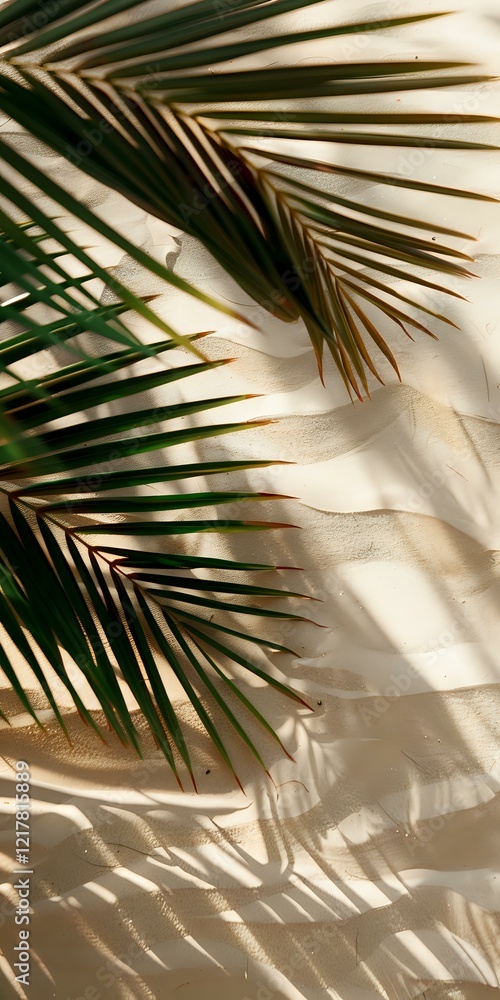 Fototapeta premium Tropical palm leaves casting soft shadows on beige wall, creating natural sunlight pattern perfect for luxury spa, resort or wellness background design aesthetic.