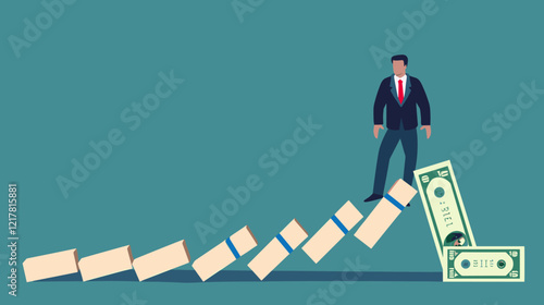 Businessman Preventing Domino Effect in Business with Banknote, Symbolizing Strategic Intervention and Success