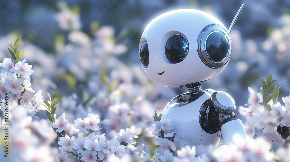 An artificial intelligence robot in a field of flowers. Robot, tree, sakura, nature technology, sky, clouds, flowers. Flowers and clouds in the sky with technology. A lifestyle robot with technology.