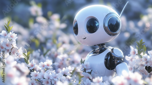 Obraz na płótnie An artificial intelligence robot in a field of flowers. Robot, tree, sakura, nature technology, sky, clouds, flowers. Flowers and clouds in the sky with technology. A lifestyle robot with technology. w salonie